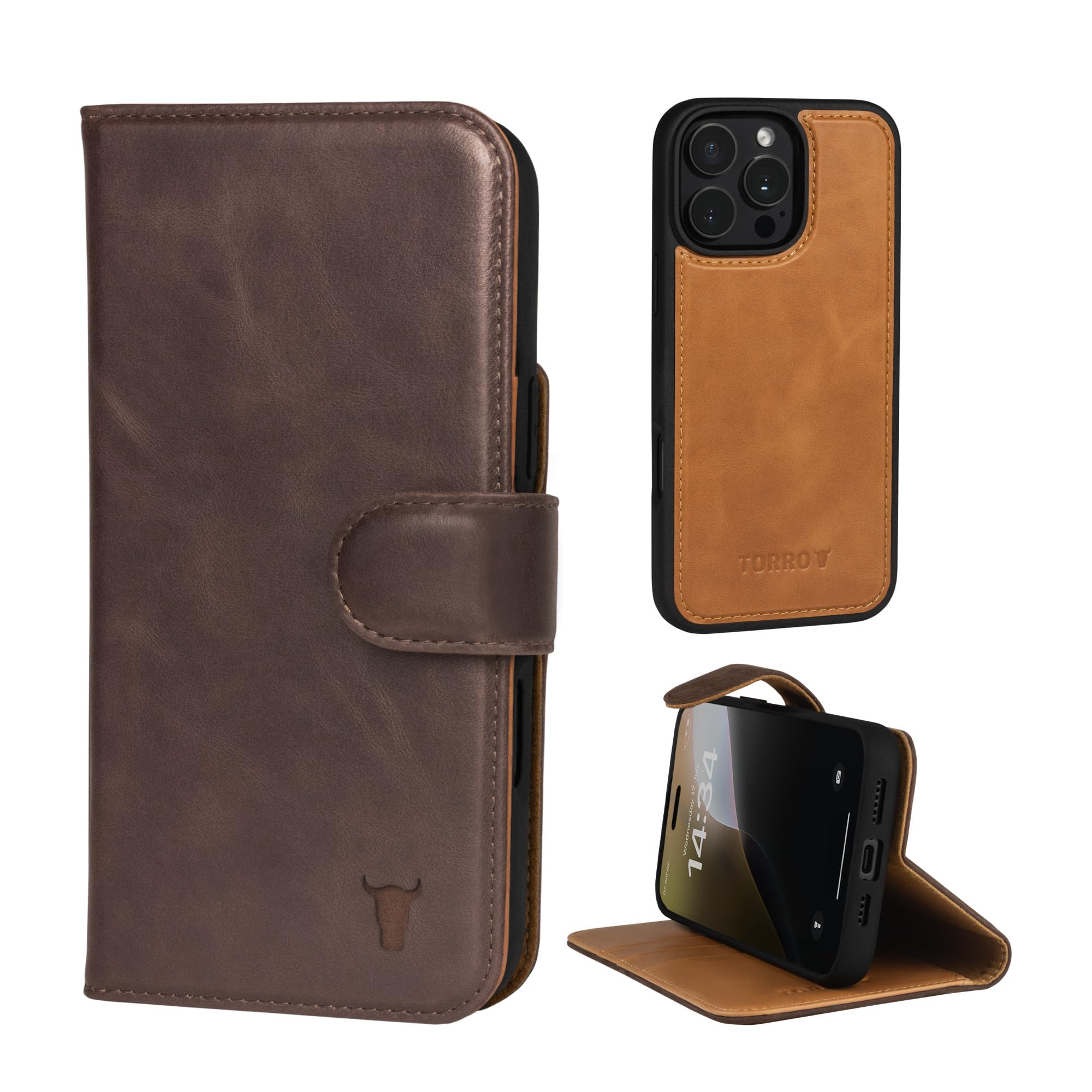 TORRO Leather Case Compatible with iPhone 16 Pro Max – Bumper Case with Magnetically Detachable Wallet With Stand (Compatible with Official MagSafe Chargers) - Dark Brown