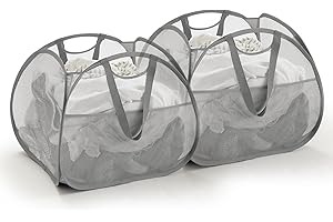 TECHMILLY Collapsible Mesh Pop Up Laundry Hamper with Strong Handles, Large Opening Clothes Hamper with Side Pockets, Storage Baskets for Dorm, Laundry Room, Bathroom or Travel (Grey, 90L, 2Pack)