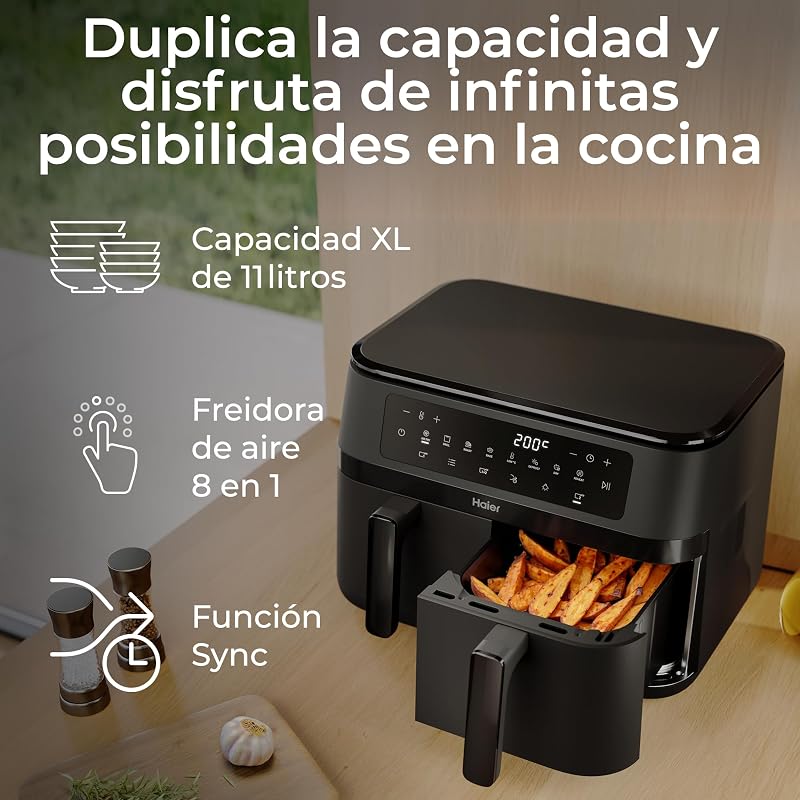 Fritadeira de ar de gaveta dupla 11L, 8 em 1: Fritar a ar, grelhar, assar, cozer, desidratar, reaquecer, descongelar, cozinhar lentamente, função de sincronização, antiaderente, máquina de lavar loiça [HAF3AD]