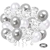 White Silver Confetti Latex Balloons, 50 Pack 12inch Silver Metallic Chrome Party Balloon Set with Silver Ribbon for Wedding 