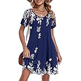AUSELILY Tshirt Dress Women Swing Floral Short Sleeve V Neck Vacation Beach Mini Dress with Pockets