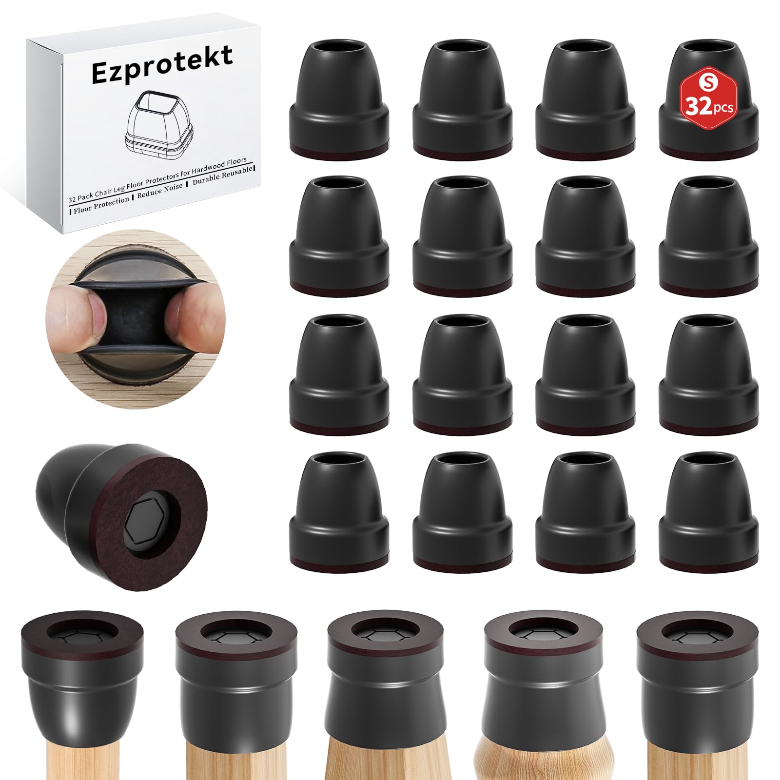 Ezprotekt 32*Chair Leg Covers, 0.75" Black Silicone Chair Leg Floor Protectors with Wrapped Felt, Rubber Anti Skid Sliding Automatic Switching Furniture Feet Protectors Pads, No Noise No Scratches