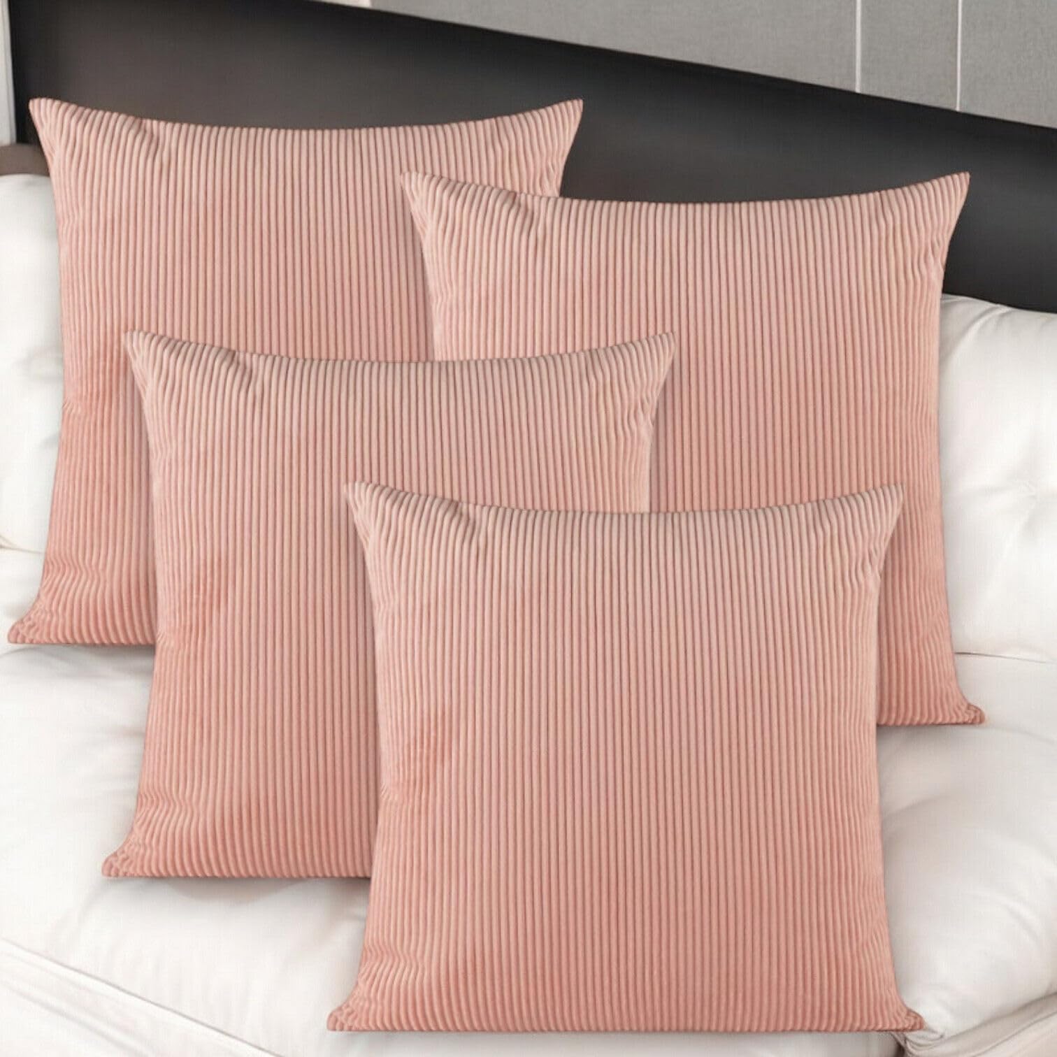 Seechoo Corduroy Cushion Covers, Set of 4, 40 x 40 cm, Plain Soft Striped, Assorted Colours (Baby Pink)