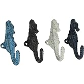 Zeckos Set of 4 Coastal Cast Iron Seahorse Wall Hooks - Decorative Ocean Hooks for Towels, Bags, and More - Easy Installation - Vibrant Colors - 5 Inches High