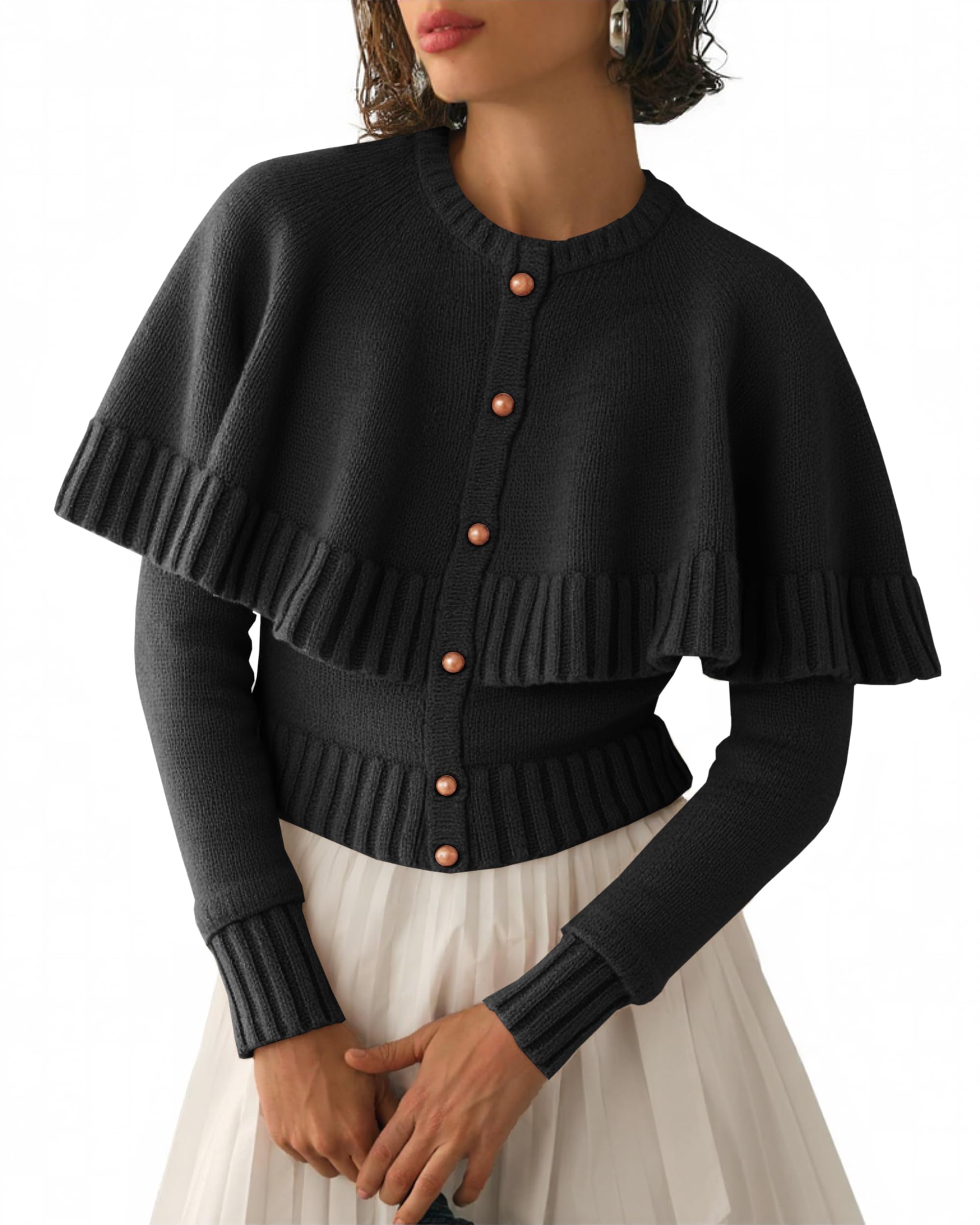 Photo 1 of Saodimallsu Womens Cropped Cardigan Sweater Long Sleeve Fall Knit Cape Sweaters Button Up Trendy Outfits 2025 Black- l 