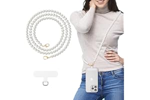 MoKo Universal Phone Lanyard, Pearl Beaded Cell Phone Chain Crossbody Strap Anti-Theft Detachable Women Cellphone Lanyards Around The Neck with Patches for iPhone, Most Smartphones - White