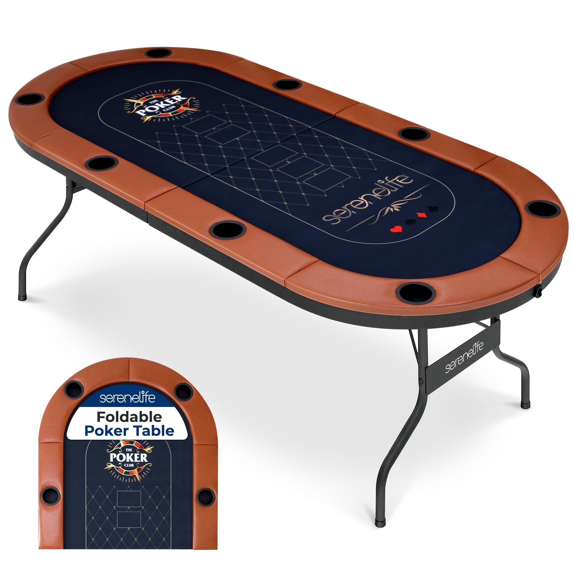 Photo 1 of SereneLife 6ft Foldable Poker Game Table, 8 Player Casino Style Oval Card Table with Cushioned Rails, 8 Cup Holders, Metal Legs, Water-Resistant, Felt-Surface, Games Table 71.65"x32.28"x29.13" Inch