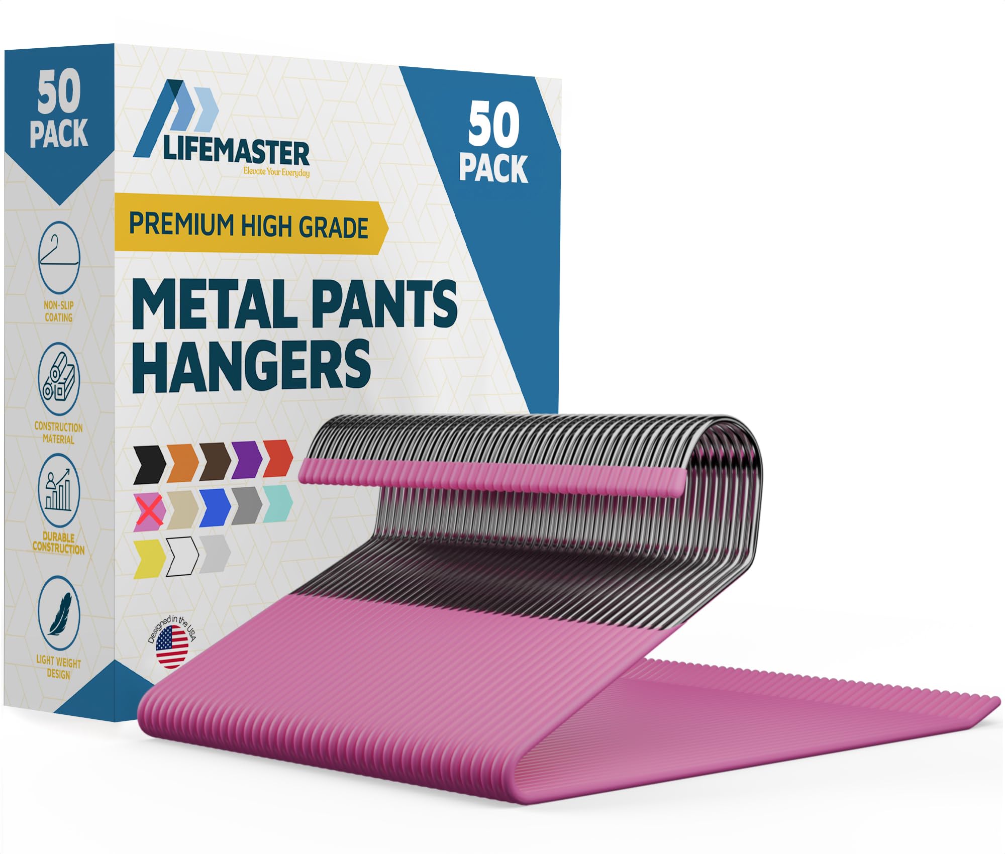 Lifemaster Metal Pants Hanger Set - 50 Pieces Elegant Non-Slip Closet Space Saving Hanger Set for Pants, Trouser, Blankets, and Jeans with Open Ended Sleek Design - Pink Image Lifemaster Metal Pants Hanger Set - 50 Pieces Elegant Non-Slip Closet Space Saving Hanger Set for Pants, Trouser, Blankets, and Jeans with Open Ended Sleek Design - Pink Image