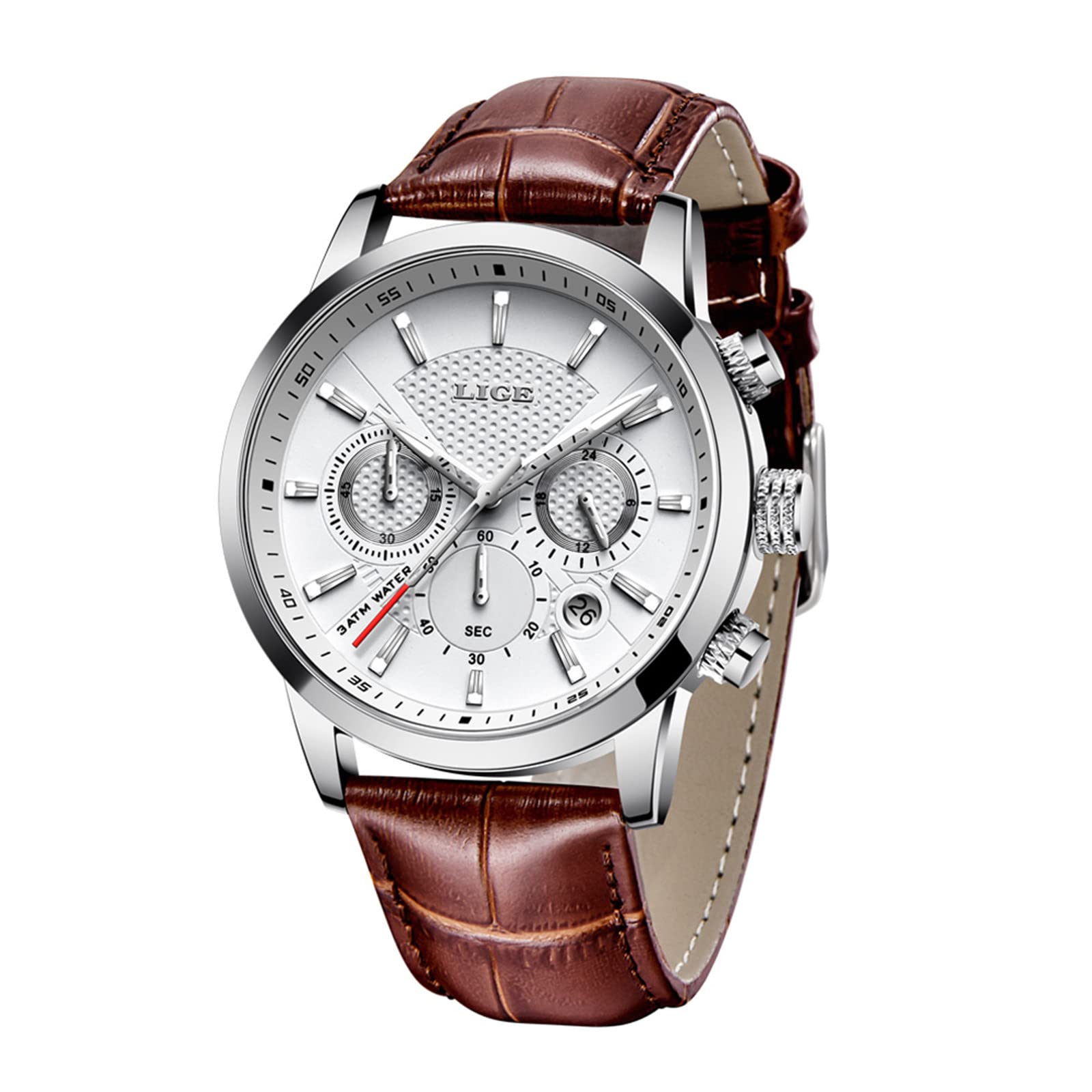 LIGE Men's Watches Fashion Luxury Sport Analog Quartz Chronograph Waterproof Watch for Male Classic Casual Brown Leather Elegant Gents Dress Wristwatch Calendar White Round Dial
