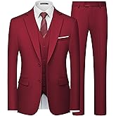 WULFUL Men's Slim Fit 3 Piece Suits Two Button Blazer Vest & Pants Tuxedo Set for Business Wedding Party