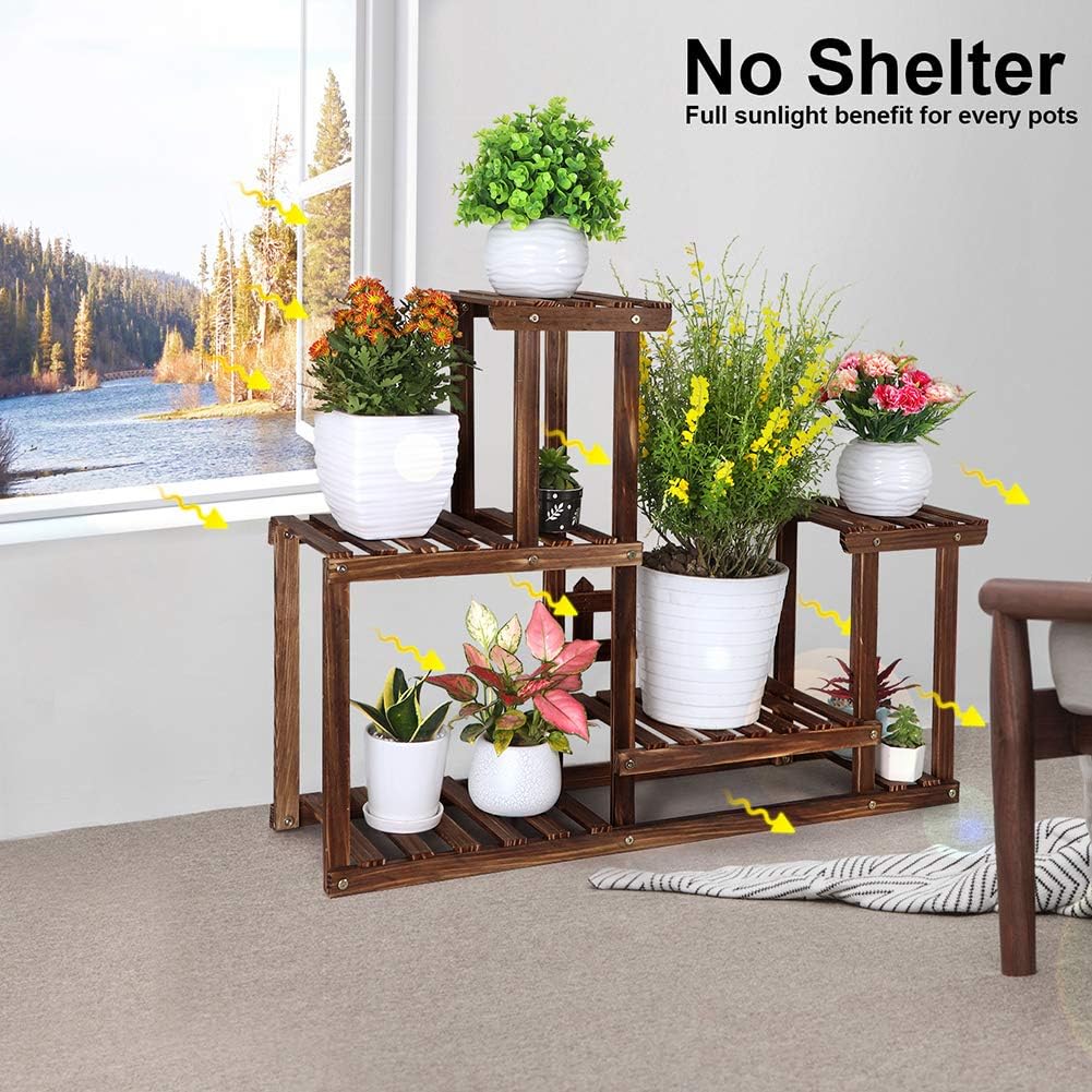Foldify Pine Wood Plant Stand Indoor Outdoor Multiple Flower Pot Holder Shelf Rack Higher and Lower Planter Display Shelving Unit in Garden Balcony Patio Living Room(7-9 Flowerpots) : Garden & Outdoor