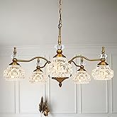 Montex Gold Brass Chandelier, 5 Light Vintage Crystal Glass Pendant Fixture | Vintage Brass Design, 24 Inch Wide Chandelier, Adjustable Chain up to 43 Inches, 6 3000K Bulbs Included