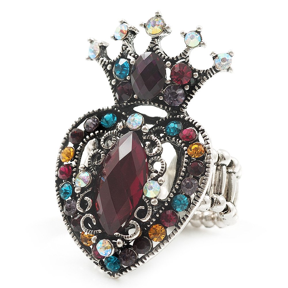 Avalaya Multicloured Crystal and Acrylic Bead Crown & Heart Stretch Ring/Aged Silver Tone/ 45mm Long