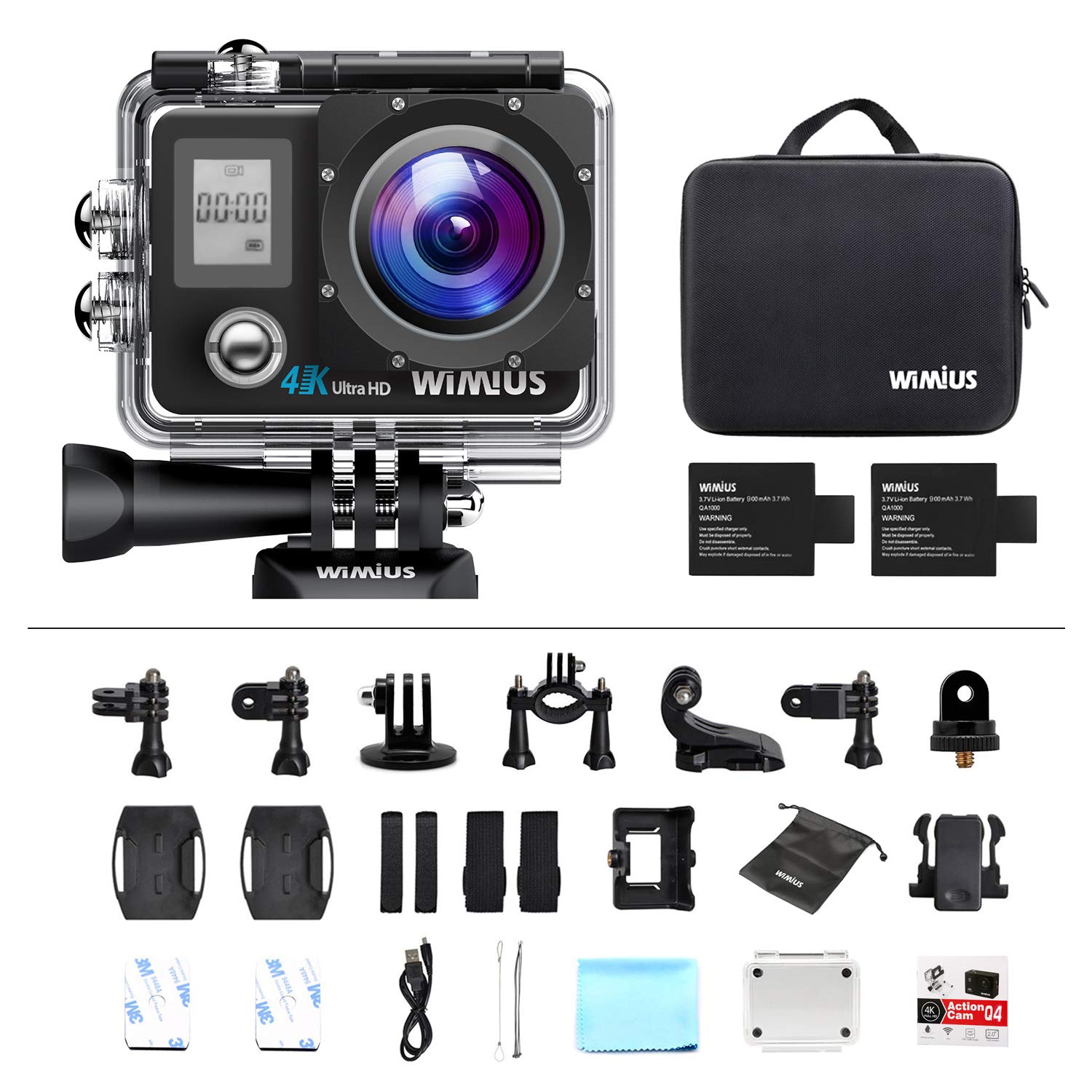 WiMiUS Action Cam 4K 16MP WiFi Subacquea 40M Telecamera d\'azione Fotocamera Impermeabile con 2 batterie Ricaricabili e Kit di Accessori di Montaggio Q4 Nero