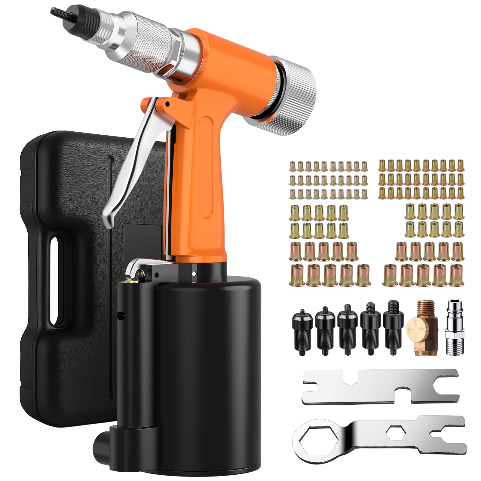 Proster Pneumatic Rivet Nut Gun Kit – Heavy Duty Air Powered Rivnut Tool Set with 100PCS M4-M10 Nuts, 5 Metric Mandrels & Storage Box – Professional Rivet Tool for Aluminum, Automotive, Construction