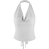 Women Halter Top Sparkly Sexy Backless Crop Top Party Club Rave Festival Outfit Draped Front Night Going Out Vest Tops Metalic Silver