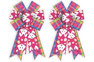 Threetols 2 Pack Easter Wreath Bows, Colorful Buffalo Plaid Bows for Wreath Pink Easter Bunny Eggs Flower Decoration Bows for Indoor Outdoor Holiday Spring Easter Party Decor