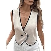 MakeMeChic Women's Contrast Binding Sleeveless Vest Button Down V Neck Work Office Blouses Top