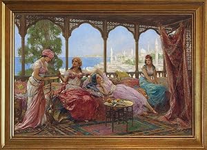 Berkin Arts Fabio Fabbi Classic Framed Giclee Print On Canvas-Famous Paintings Fine Art Poster-Reproduction Wall Decor(Resting On A Terrace Overlooking A Middle Eastern Coast) #JK