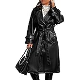 Geschallino Women's Trench Coat Plus Size Faux Leather Long Classic Motorcycle Jacket Lapel Belted Overcoat