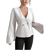 Floerns Women's Wrap V Neck Cardigan Sweater Button Front Bell Sleeve Elegant Outwear