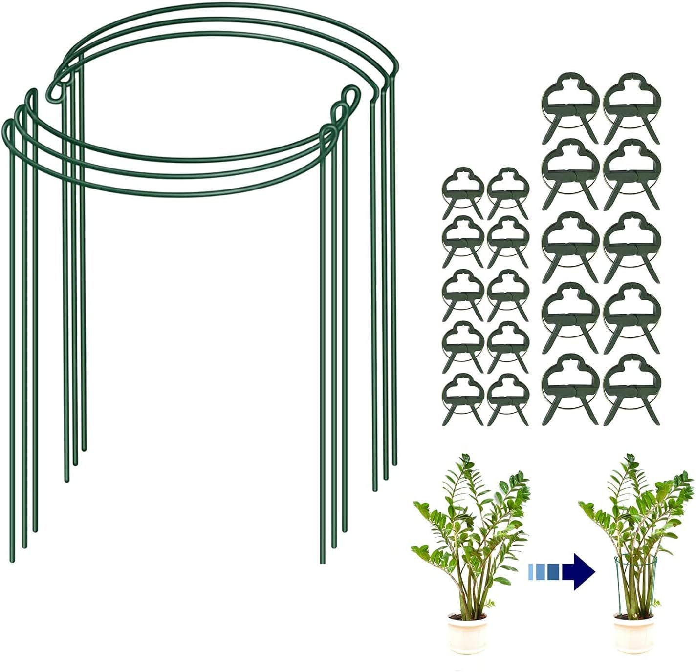Tomato Cages for Garden Flower Tomato Stakes and Support 6-pack Plant Cages and Supports for Outdoor plants with 20 Pcs Plant Support Clips, Metal Half Round Plant Stake Ring for Tomato, Rose, Vine