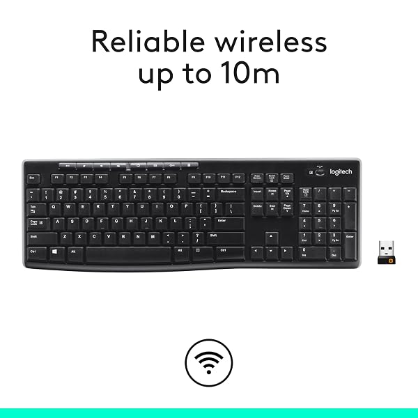 LOGITECH K270 WIRELESS KEYBOARD FOR WINDOWS, 2.4 GHZ WIRELESS, FULL-SIZE, NUMBER PAD, 8 MULTIMEDIA KEYS, 2-YEAR BATTERY LIFE, COMPATIBLE WITH PC, LAPTOP, BLACK