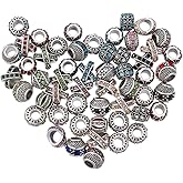 PONABEADIY 5 Styles 70PCS Alloy European Spacer Beads with Large Hole Metal Silver Assorted Rhinestone Antique Barrel Rondelle Charm Loose Bead for Jewelry Making Bracelet Necklace DIY Craft Supply