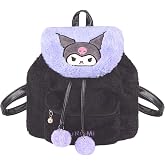 Cute Plush Cartoon Mini Backpack for Women - Drawstring Bag with Adjustable Straps，Kawaii Anime Accessory (Black)