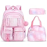 Tanou Backpack with Lunch Box for Girls, Kawaii Set School Bag for Kid Elementary Middle School, Aesthetic Laptop Bookbag Lightweight, Pink