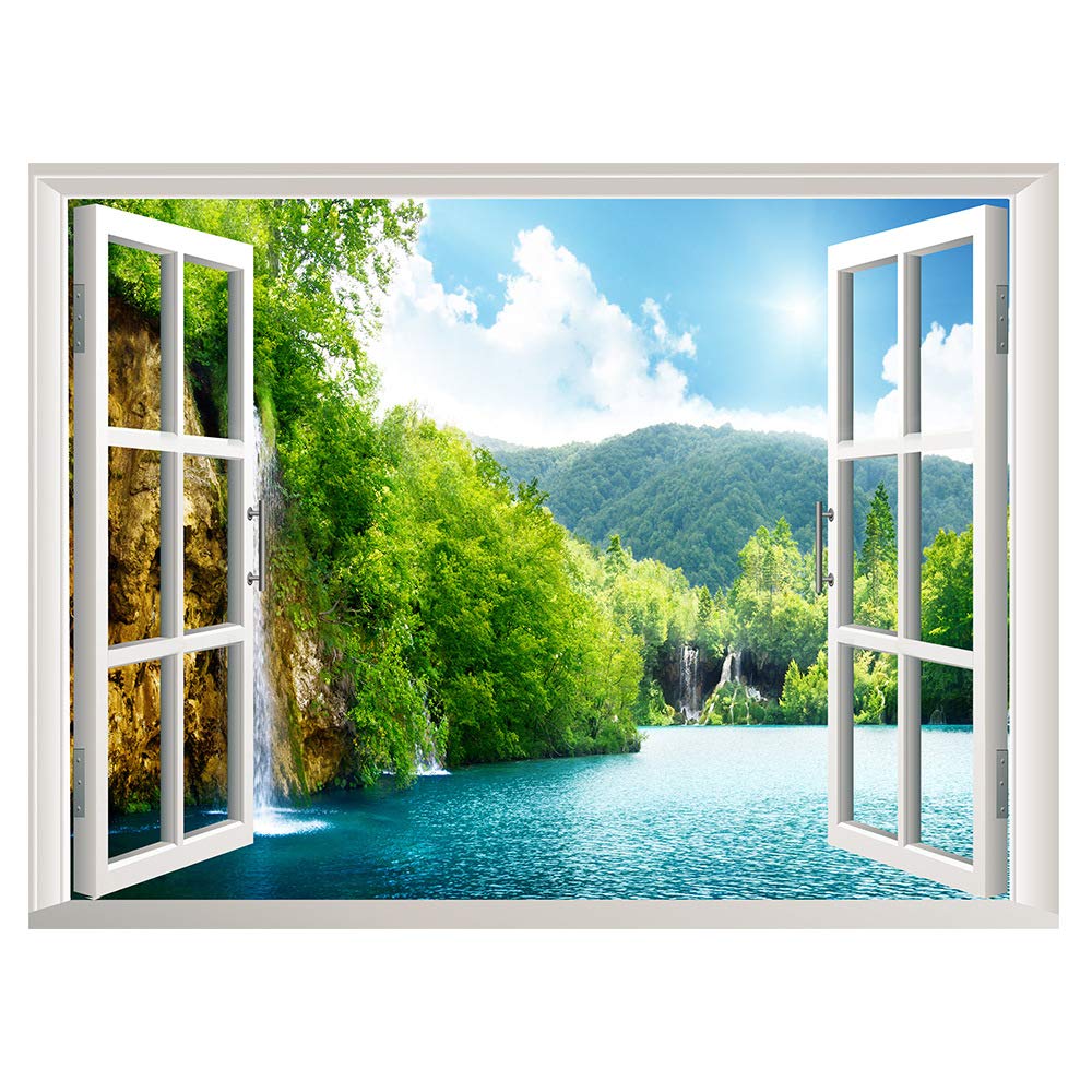 Lichi 3D Fake Window Wall Sticker of Lake View Green Mountain Scenery View Mural Decal for Home Decoration