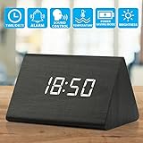 Oct17 Wooden Wood Clock, 2018 New Version LED Alarm Digital Desk Clock 3 Levels Adjustable Brightness, 3 Groups of Alarm Time, Displays Time Date Temperature - Black (White Light)