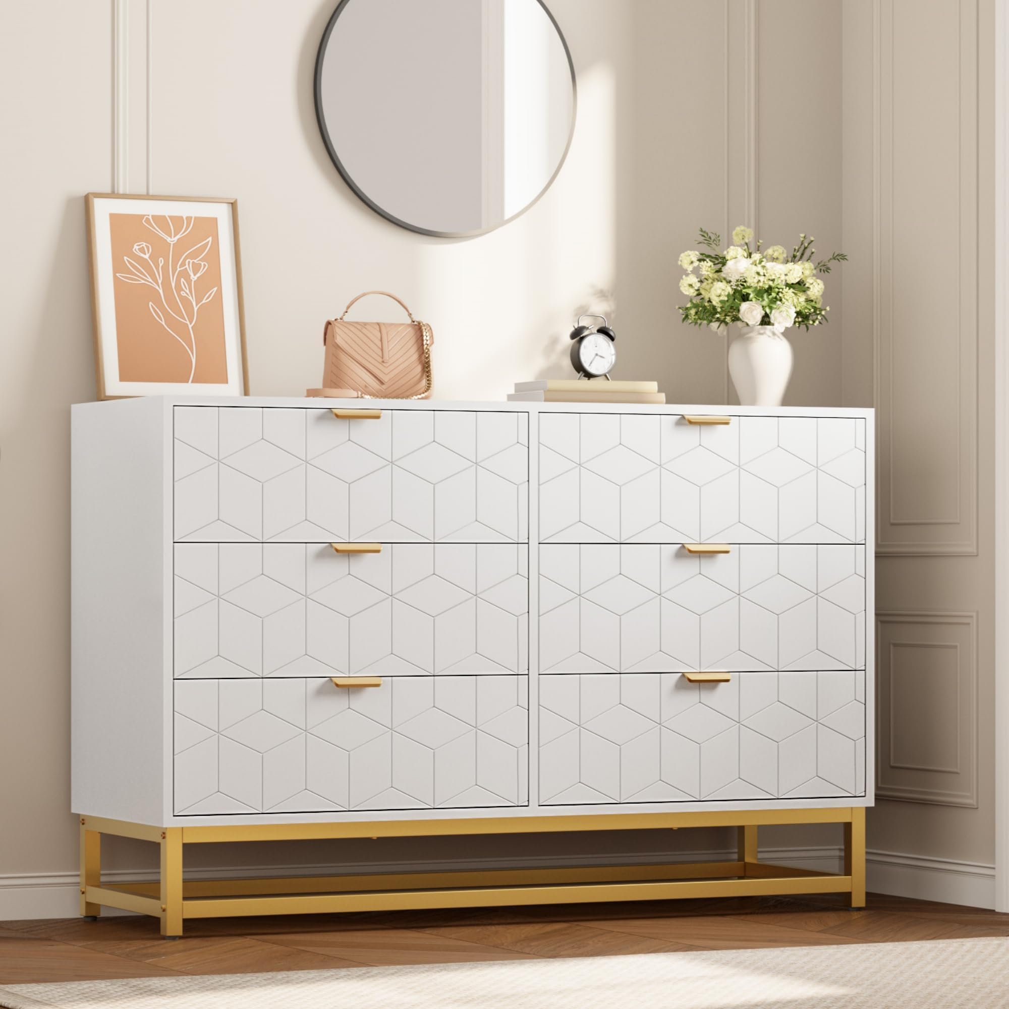 Photo 1 of *missing hardware*GAOMON White Dresser for Bedroom,Modern 6 Drawer Double Dresser with Gold Handles,Long Storage Organizer for TV Stand & Closet,Large Chest of Drawers for Living Room,Hallway,Entryway