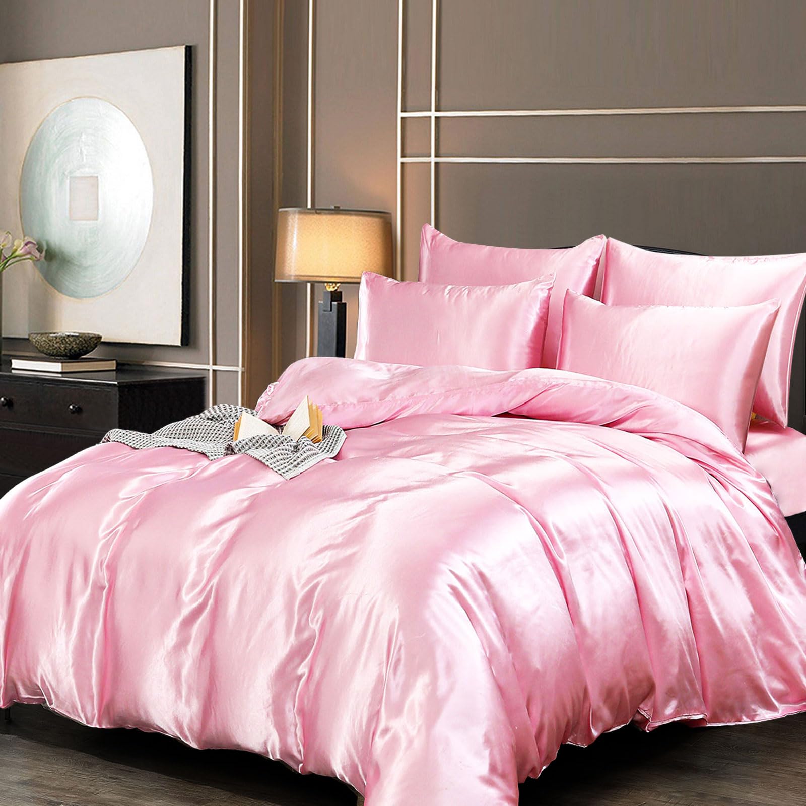 Guchuang Bedding Silk Satin Double Size Complete Bedding Set 6 Pieces Pink Duvet Cover Luxury Style Ultra Soft Microfiber Quilt Cover 200x200cm with 1 Fitted Sheet, 4 Pillowcases