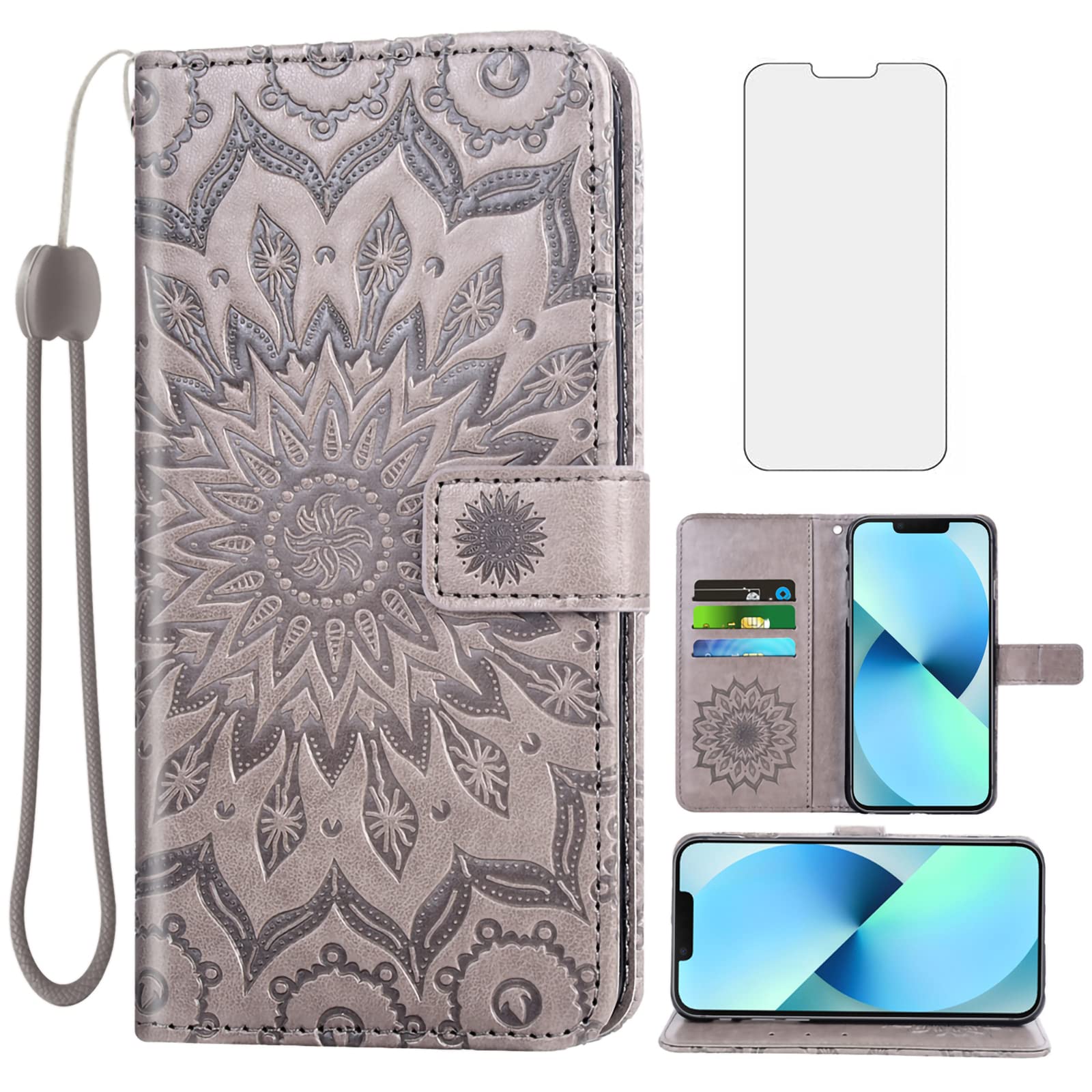 Phone Case for iPhone 13 Mini 5.4 inch Wallet Cases with Tempered Glass Screen Protector and Leather Slim Flip Cover Card Holder Stand Cell Accessories iPhone13mini i iPhone13 13mini Women Men Gray — image 1