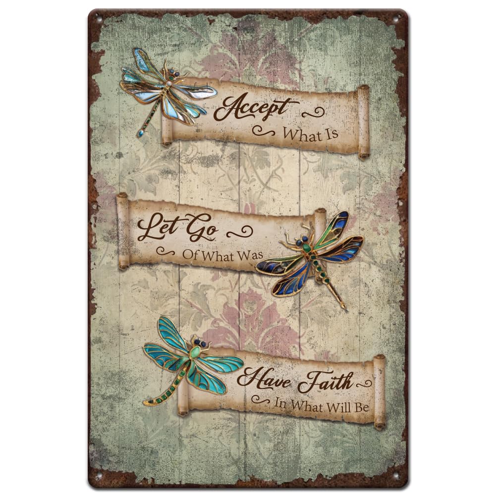 SUPERDANT Dragonfly Metal Signs Inspirational Quotes Tin Sign Accept What Is Tin Signs Metal Wall Plaque for Home Living Room Bedroom Bar Club Men Cave Wall Art Decor