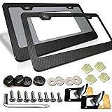 Aootf Carbon Fiber License Plate Frames - 2 Pack Aluminum Black 2 Holes Plate Frames, Front & Rear Holder with Stainless Stee