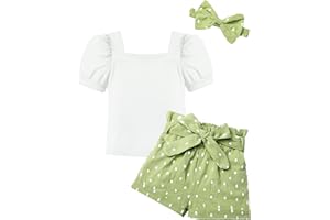 BAVADER Toddler Girl Clothes 2-12Y Girls Clothes Square Neck Short Sleeve Tops 3pcs Short Sets Summer Girls Outfits