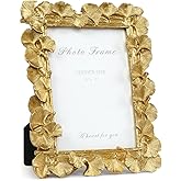 Cuspin 5x7 Picture Frame, Vintage Ornate Gold Resin Frame with Glass Front, Ginkgo Leaf Textured Photo Frame for Wall Hanging