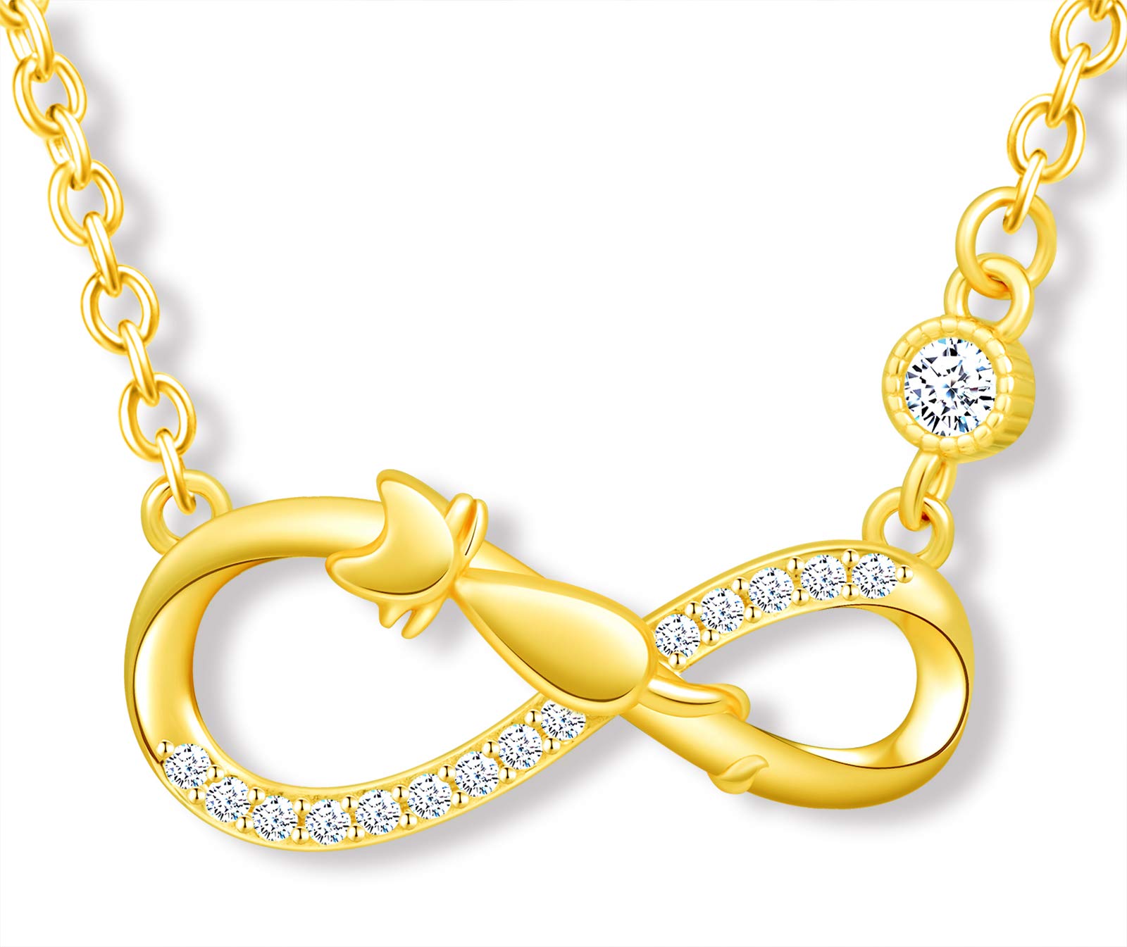 MicLee Women's girl's Necklace pendant, 925 Sterling Silver necklace, Cute cat and infinity symbol necklace, Unique animal design necklace pendant, Inlaid zircon, shining pendant, gold