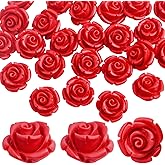 30pcs 12 mm Red Rose Beads Detailed Carved Rose Flower Loose Charm Beads Accessories for DIY Jewelry Making Supplies Decoration, Hole: 2 mm
