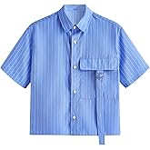 OYOANGLE Men's Striped Print Button Down Short Sleeve Flap Pocket Crop Shirt Tops