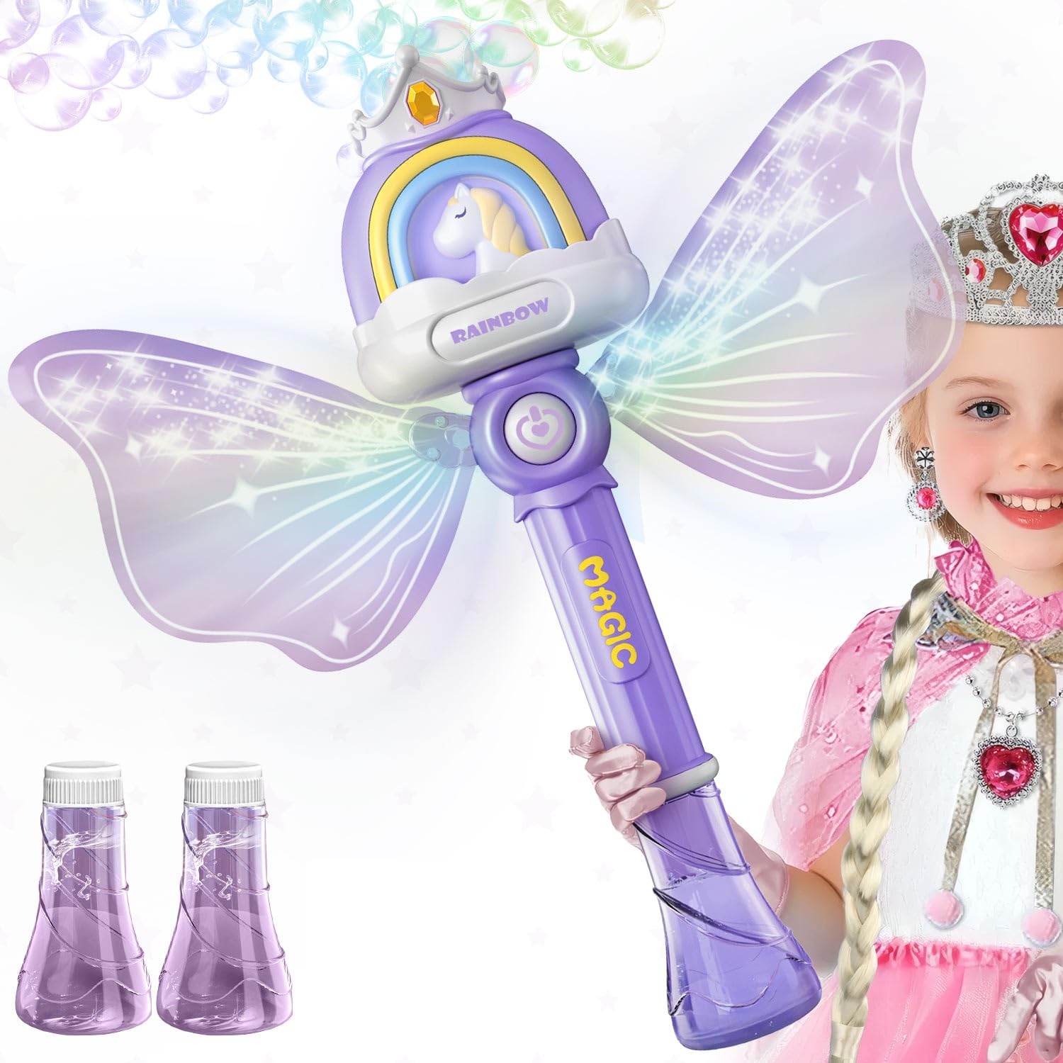 Photo 1 of Bubble Wands for Girls Kids, Bubble Machine LED Light Princess Toys with 4 AA Batteries & 2 Solutions, Girl Stuff Outdoor Party Toys for Toddlers, Birthday Gift for 3 4 5 6 7 8 Year Old Girls