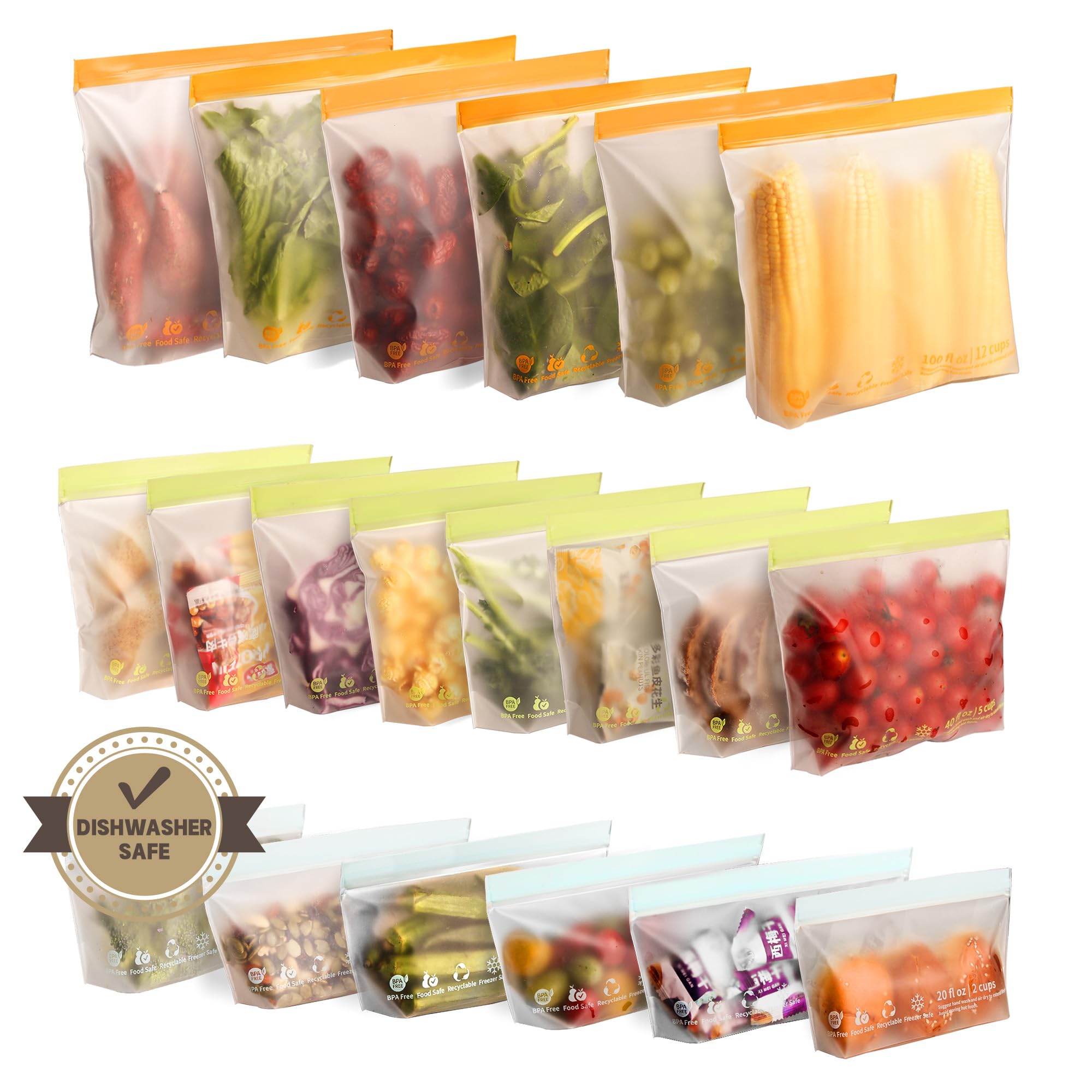 Photo 1 of 20 Pack Reusable Food Storage Bags,Leakproof Freezer Bags BPA Free Stand Up Sandwich Bags for Lunch Salad Fruit Travel,Dishwasher Safe(6 Gallon,8 Sandwich,6 Snack)
