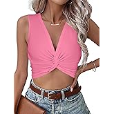 Vrtige Women's V Neck Twist Front Ribbed Knit Sleeveless Sexy Crop Top Cami Tank