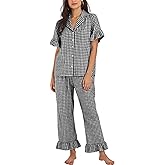 Flygo Womens Plaid Pajamas Sets 2 Piece Cotton Pj Set Ruffled Sleeve Button Down Shirt Gingham Pants Lounge Sets