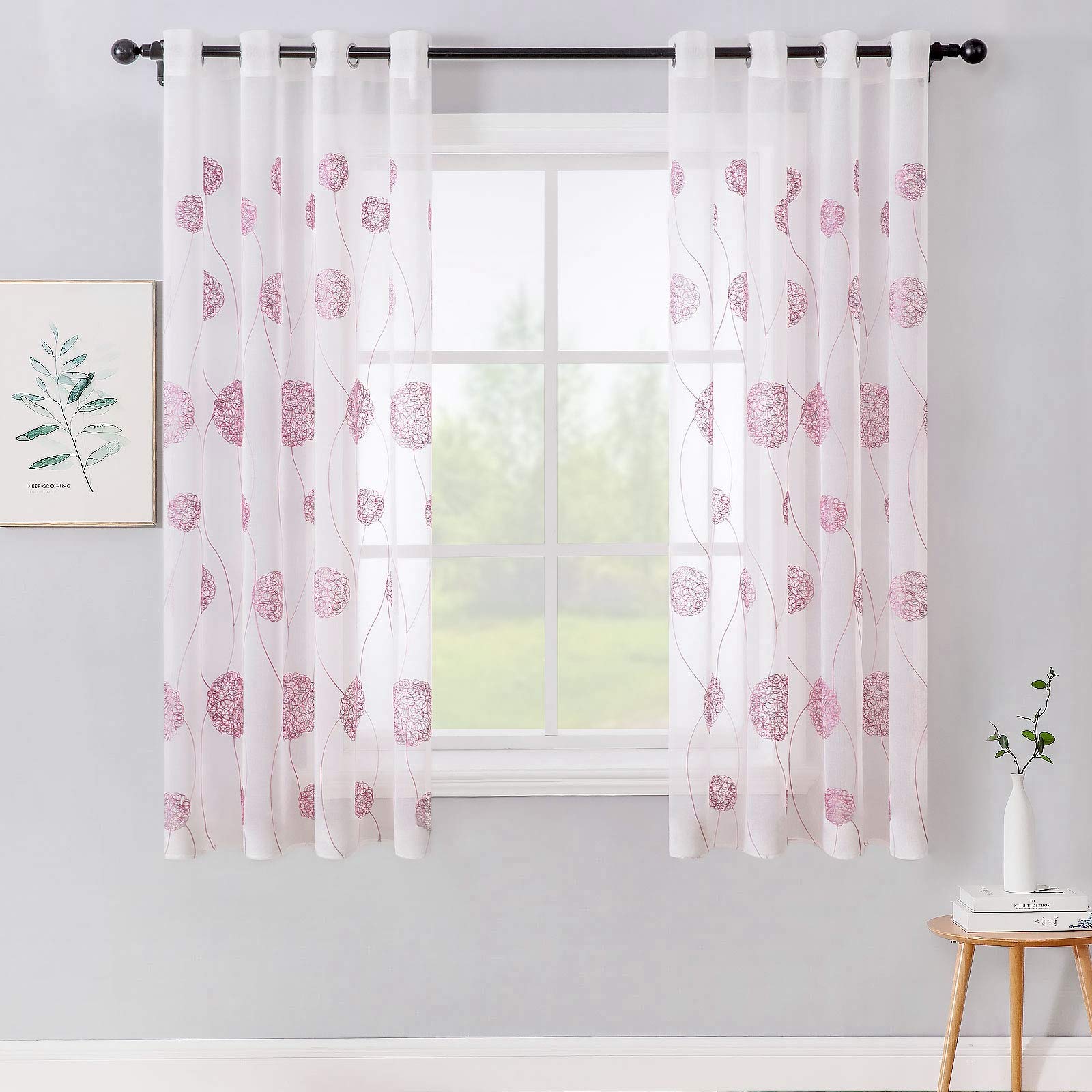 MIULEE Embroidery Sheer Curtains Flora Design Grommet Window Curtain Semi Voile Drapes Panels with Eyelets Window Treatments for Living Room Bedroom 2 Panels 55" W x 63" L Pink