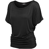 Made By Johnny Women's Casual Solid Short Sleeve Boat Neck/V Neck Dolman Top T Shirt with Side Shirring