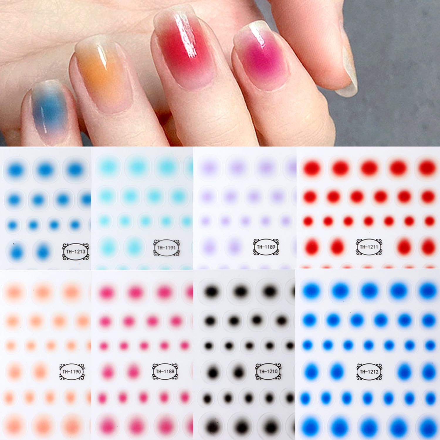 8 Sheets Colorful Gradient Nail Art Stickers Decals 3D Self-Adhesive Fashion Blush Nail Sticker Ombre Nail Decals Supplies Set for Natural Fingernails Manicure Decorations Acrylic Nails Accessories