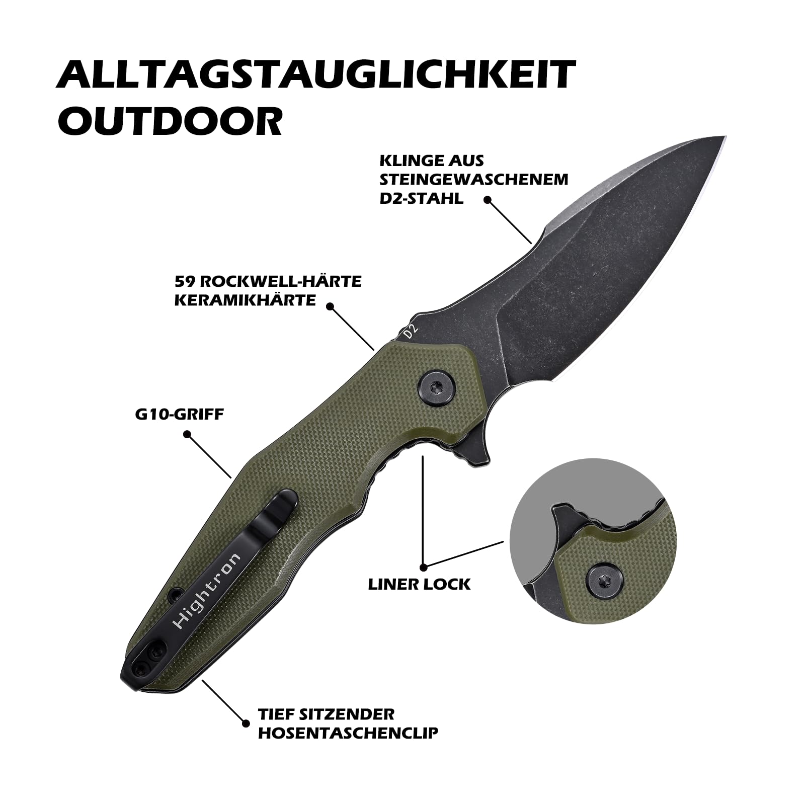 Hightron MINI VENTURA Klappbares Taschenmesser,Flipper-Taschenmesser für EDC,7.24CM Stonewashed D2-Klinge plus G10-Griff,Deep-Carry-Taschenclip-Klappmesser für den Alltag,Camping, Angeln,Grün-B 5